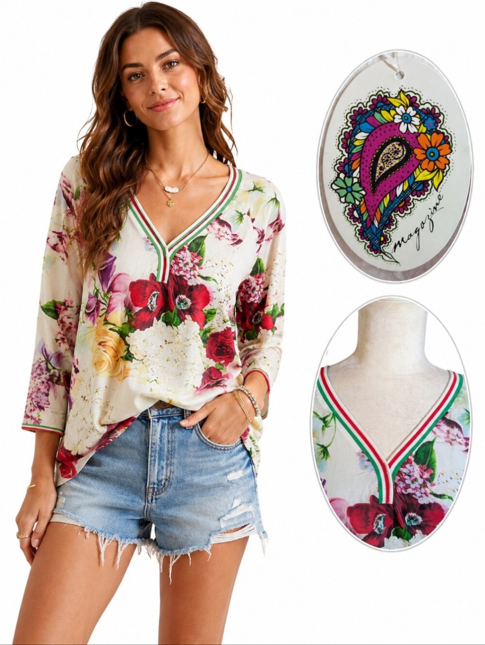 Magazine Floral Cotton Tunic Top V-Neck Long Sleeve Boho Cottagecore Sz M